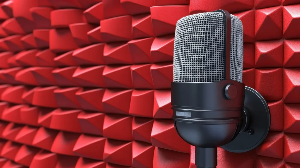 condenser microphone mounted on acoustic foam panel for better sound quality