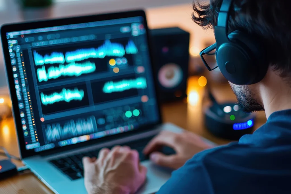 person adjusting microphone audio settings with headphones and audio editing software